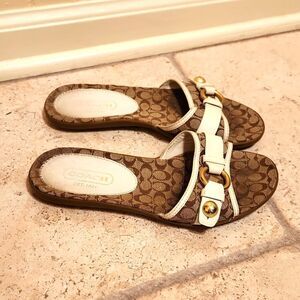 Coach "Katey" Women's Brown Signature Slides Sandals w/ White Leather Size 5.5